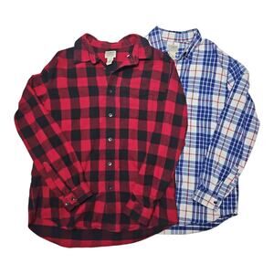 Mens LL Bean Fitted Flannel Bundle Red Blue Button Up Long Sleeve Size Large